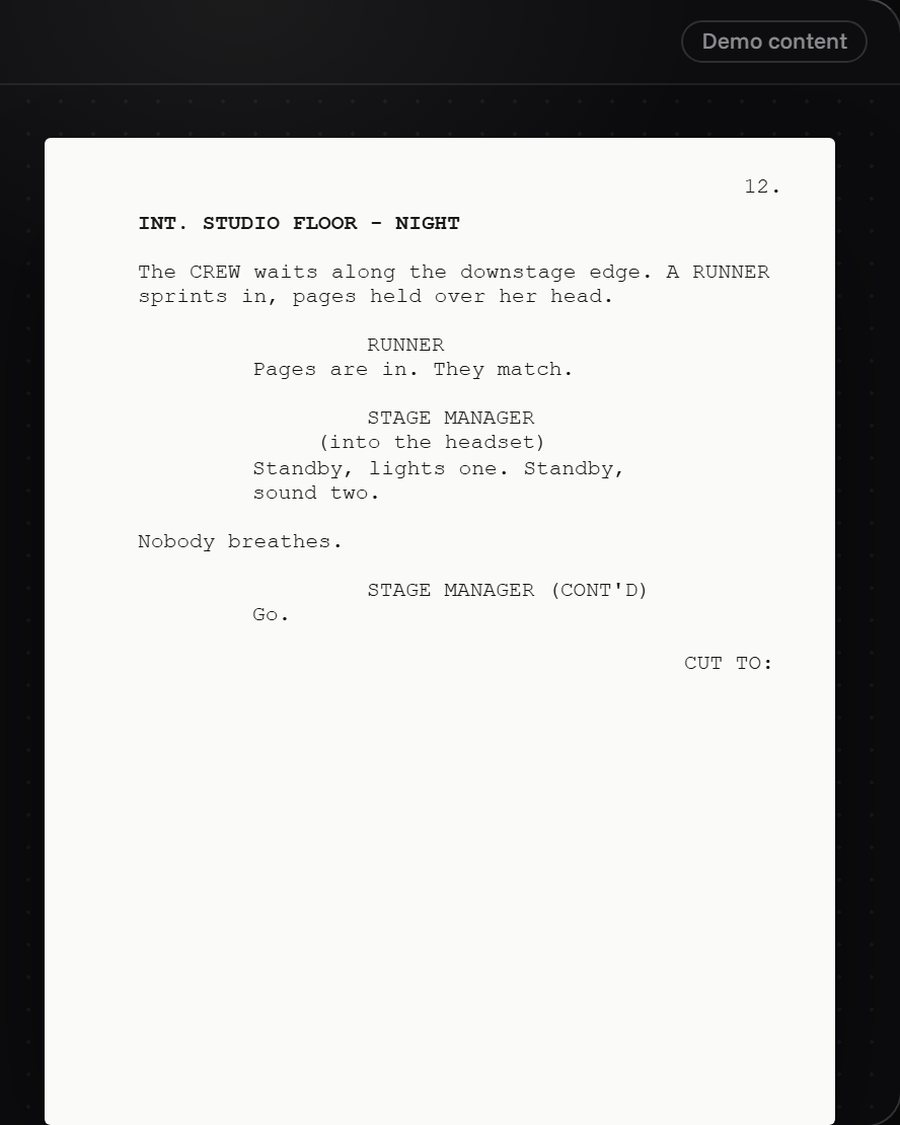 A script page in Cue, Downstage's screenplay editor, showing demo content